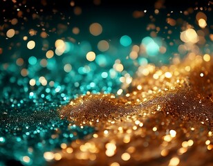 abstract macro shot of golden and teal glitter sparkles against a dark background