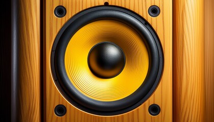 close up of a vibrant yellow wooden speaker