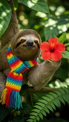Fototapeta premium Adorable sloth wearing rainbow crochet scarf holding red hibiscus flower for pride month