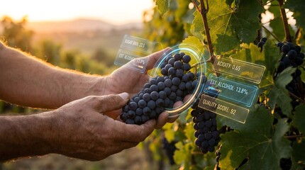 Naklejka premium Farmer examining grapes with augmented reality data overlay showing viticulture insights and quality metrics on a vineyard