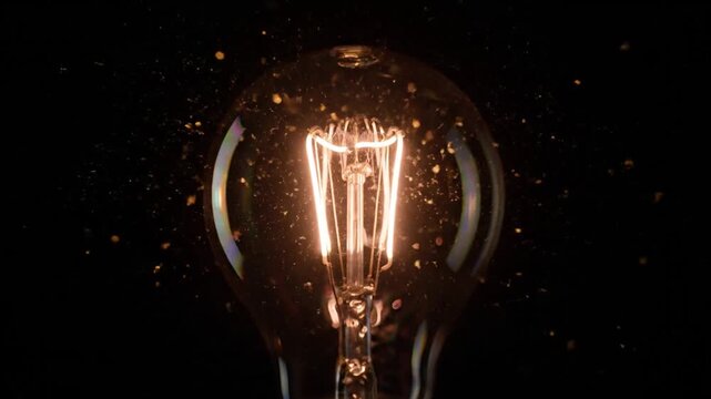 Glowing lightbulb with sparks inside, illuminated filament, against a dark background, close-up view