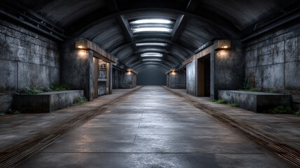 Post-apocalyptic survival inside an overgrown train station , dim lighting, muted colors, eerie silence, mysterious visual metaphor of a ghostly train approaching silently, cinematic composition,