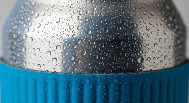 Water droplets condense on a cold metal bottle with blue sleeve. 2026 soccer world championship.