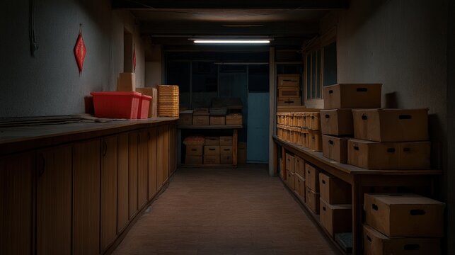Urban loneliness inside a cluttered storage unit , dim lighting, muted colors, lonely atmosphere, mysterious visual metaphor of a box breathing slowly, cinematic composition, gritty textures, visual