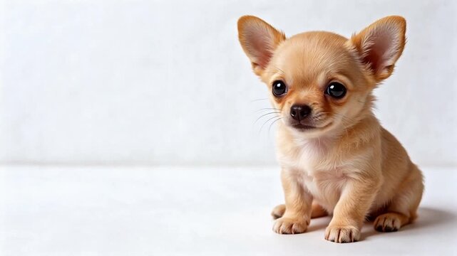 Adorable tan Chihuahua puppy sitting on white background, big expressive eyes, studio portrait, high-resolution pet photography for commercial use