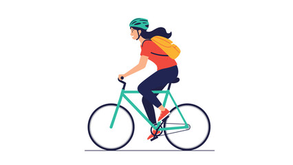Fototapeta premium Young woman wearing a safety helmet and yellow backpack rides a turquoise bicycle while commuting through an urban environment.