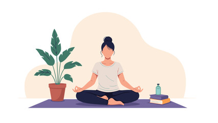 Fototapeta premium Peaceful woman sitting in a lotus meditation pose on a purple mat next to a large potted houseplant and a stack of colorful books.