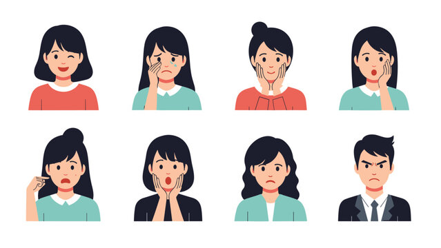 Diverse collection of female character avatars displaying various emotions ranging from happiness to surprise and sadness.