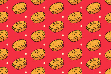 Savory meat pie with dotted colorful illustration seamless pattern on red background set for bakery merchandise. Golden crust meat pie cartoon pattern background for restaurant and cafes