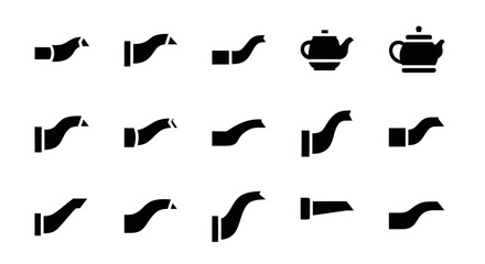 Collection of black silhouettes of teapots and tea pouring from various angles on a white background © Steven