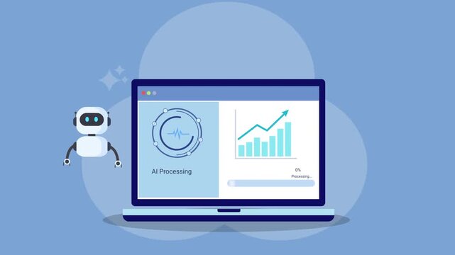 Animated AI robot standing beside laptop displaying business analytics dashboard with circular chart and rising bar graph. Concept of artificial intelligence, KPI monitoring, automation, and digital b
