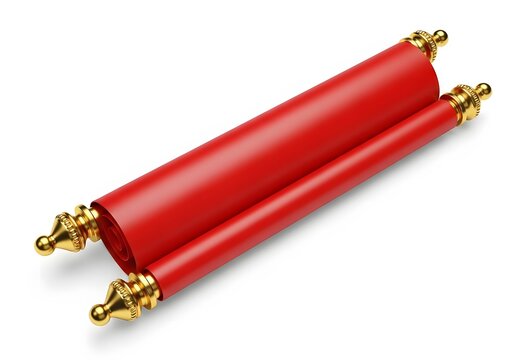 A red scroll with gold decorations on a white background
