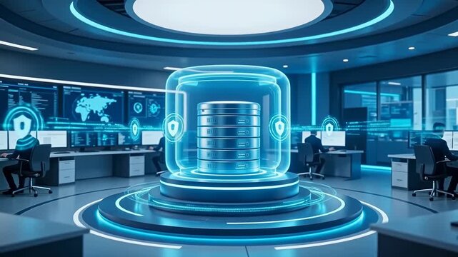 Enterprise cybersecurity server with shield icon in SOC room, symbolizing data protection, threat monitoring, and secure digital infrastructure.