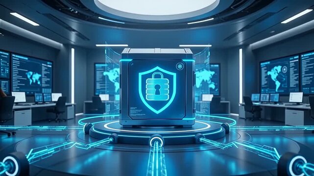 Enterprise cybersecurity server with shield icon in SOC room, symbolizing data protection, threat monitoring, and secure digital infrastructure.