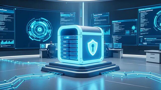 Enterprise cybersecurity server with shield icon in SOC room, symbolizing data protection, threat monitoring, and secure digital infrastructure.