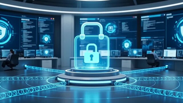 Enterprise cybersecurity server with shield icon in SOC room, symbolizing data protection, threat monitoring, and secure digital infrastructure.