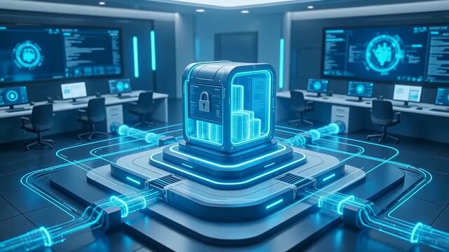 Enterprise cybersecurity server with shield icon in SOC room, symbolizing data protection, threat monitoring, and secure digital infrastructure.