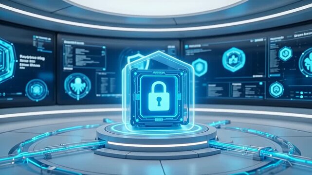 Enterprise cybersecurity server with shield icon in SOC room, symbolizing data protection, threat monitoring, and secure digital infrastructure.