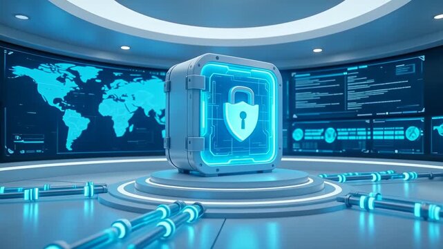 Enterprise cybersecurity server with shield icon in SOC room, symbolizing data protection, threat monitoring, and secure digital infrastructure.