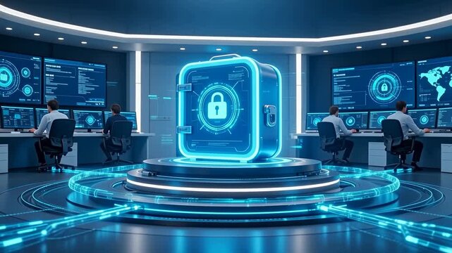 Enterprise cybersecurity server with shield icon in SOC room, symbolizing data protection, threat monitoring, and secure digital infrastructure.