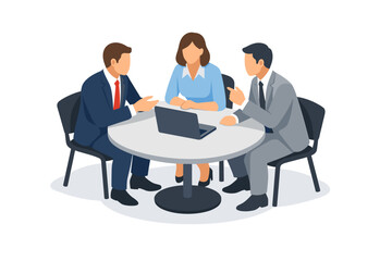 Three business people in a meeting around a table with a laptop.