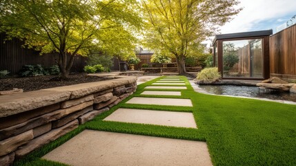 Fototapeta premium Serene Garden Pathway Surrounded by Greenery and Modern Structures, Perfect for Relaxation and Outdoor Living Spaces Inspired by Nature