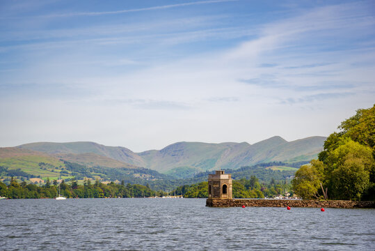 Lake Windermere with the fells of the Fairfield Horseshoe in the distance.