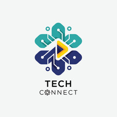 Colorful logo featuring an abstract flower shape with tech elements