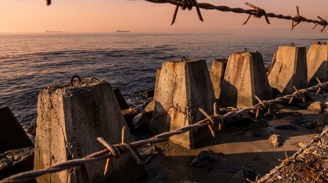 Concrete barriers and barbed wire along the rocky seaside at sunset viewpoint