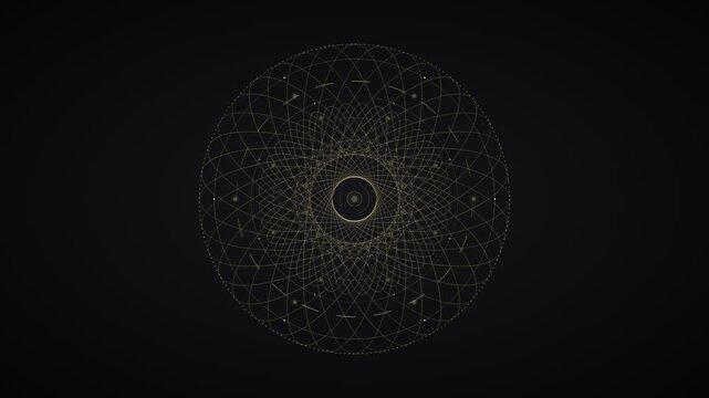 Golden geometric mandala: An intricate golden geometric mandala design with fine lines and dots, creating a complex spiritual and abstract pattern on a dark background.