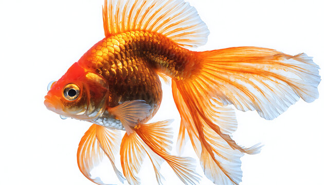 Vibrant orange fancy goldfish swimming with flowing fins in clear water close-up