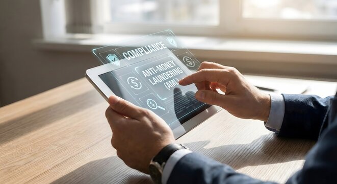 Hands using tablet with compliance aml concept