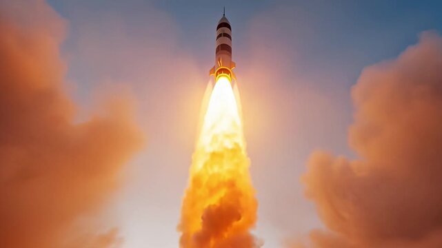 rocket launch at the exact moment of liftoff, powerful engines igniting with blazing orange flames and dense white smoke billowing across the launch pad. Sunset Sky with Tower Smoke and City Clouds