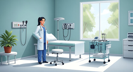 Obraz premium Doctor in a bright examination room with medical equipment and a large window