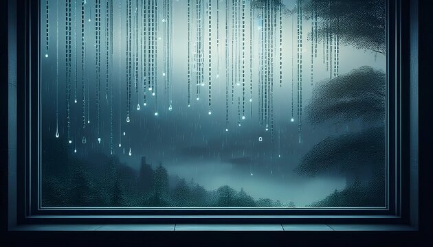 digital binary code streams like rain through a window pane obscuring a foggy atmospheric landscape outside