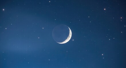 A serene night sky with a crescent moon shining brightly among the stars