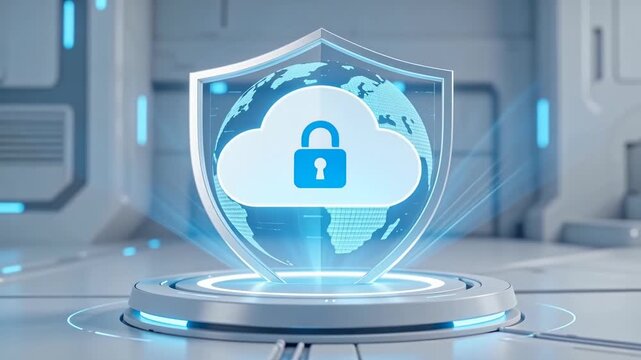 Secure enterprise cloud server with shield symbol, visualizing encrypted infrastructure, compliance security, and business continuity protection.