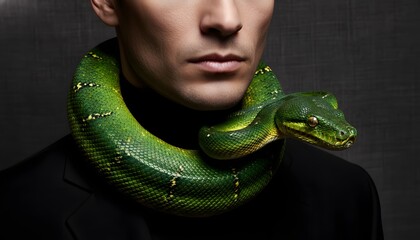 A sophisticated man with an exotic green snake elegantly wrapped around his neck, symbolizing danger, power, and primal instinct for a captivating concept.