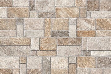 Fototapeta premium Natural Stone Mosaic Wall Texture with Earthy Beige and Brown Rectangular Blocks, Geometric Masonry Pattern for Interior Home Decor and Exterior Architectural Building Facade Background