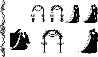 Vector illustration collection featuring black silhouette icons of wedding couples, floral arches with candelabras, and a bride and groom playing the piano for marriage themes. © MdMeherul