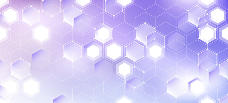 Purple pastel medical and tech background with hexagon pattern and bright sparkles. Realistic vector abstract bg with honeycomb geometric cell texture for medicine and science technology design.