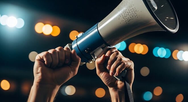 Hands firmly grasp a megaphone under bright stadium lights. 2026 soccer world championship.