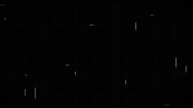 Flickering abstract white and blue lines and dashes appear on a dark digital grid background, symbolizing data, technology, signals, analysis, or a futuristic interface.