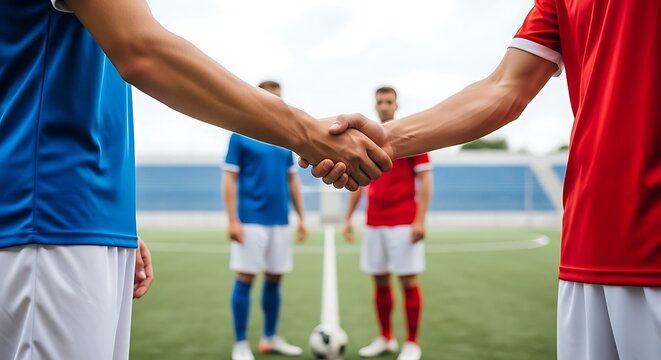 Two soccer players shake hands on the field before a match. 2026 soccer world championship.
