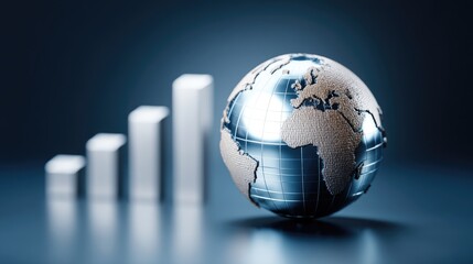 Metallic globe surrounded by ascending bar graphs, representing global growth, finance, success, and economic development in business analysis and strategy.