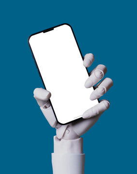 AI Robot Hand Holding Smartphone with Blank Screen on Blue Background