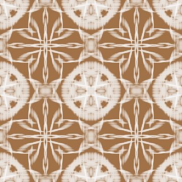 Seamless ikat pattern abstract brown and white background, traditional ethnic tribal textile design, geometric oriental wallpaper for fabric print, home decor and fashion wrap.