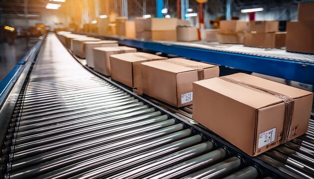 cardboard box packages on moving conveyor belt in delivery warehouse logistics and transportation product distribution copy space