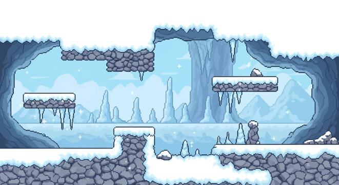 8 Bit Pixel Art Snow Cave Platformer Background Winter Game Scene