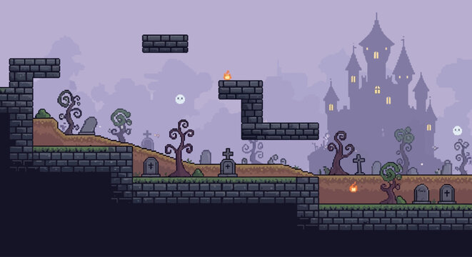 Spooky Pixel Art Side Scroller Game Background with Haunted Cemetery
